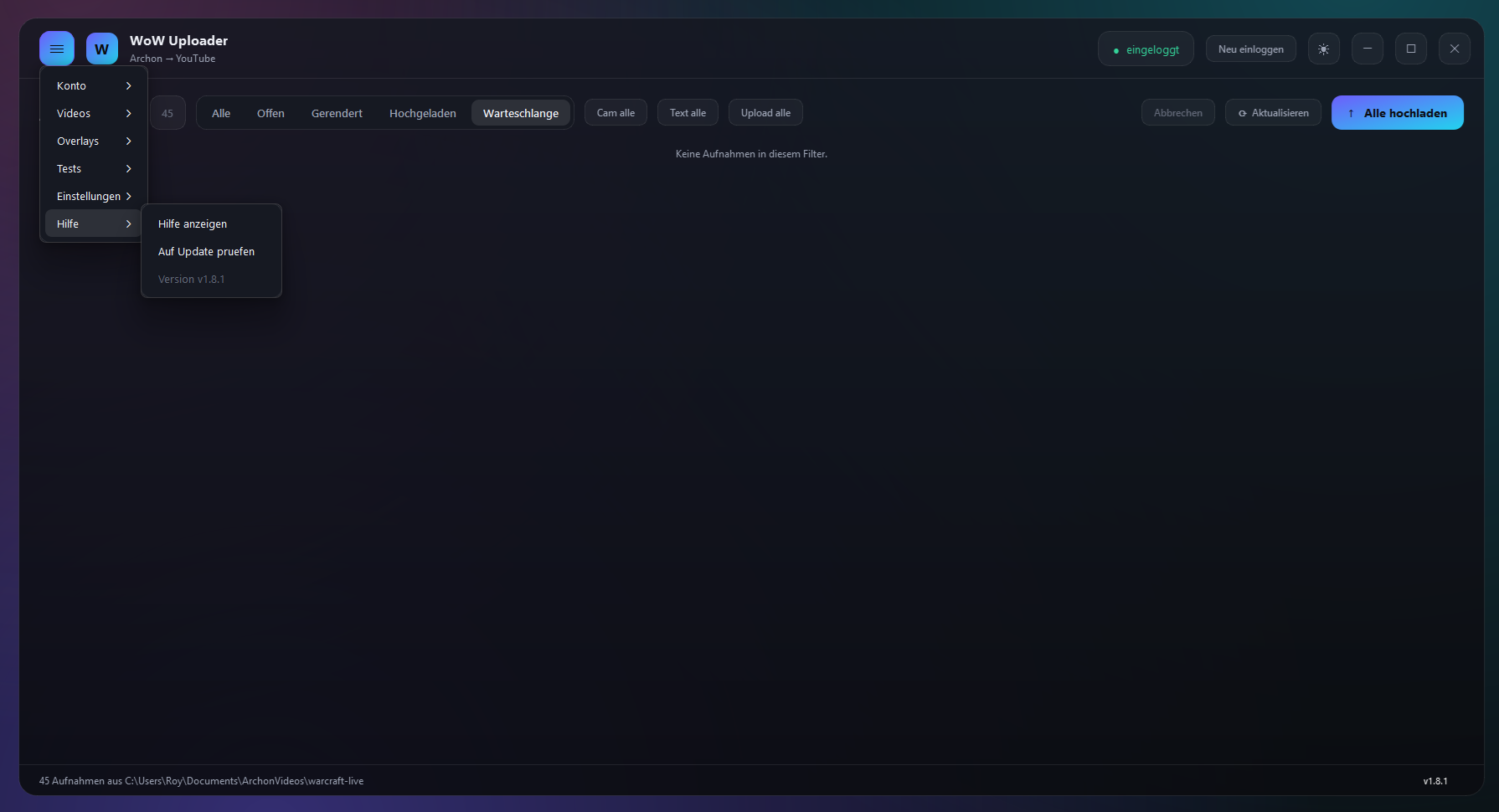 Menü Hilfe: Auf Update prüfen, Version v1.8.1